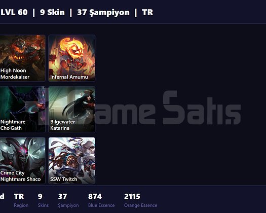 TR / 60 LVL + 9 SKİN + DEMİR MMR + MAİL !!