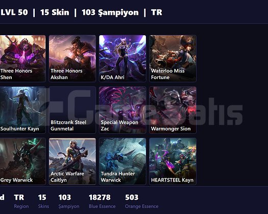 TR / 50 LVL + 15 SKİN + DEMİR MMR !!