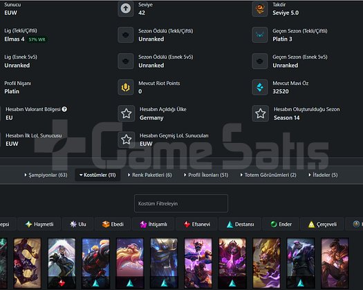 EUW DIAMOND 4 57WR +25LP 11 KOSTÜM