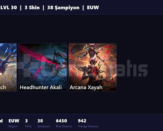 EUW / 30 LVL + 3 SKİN + FRESH + RANK HAZIR