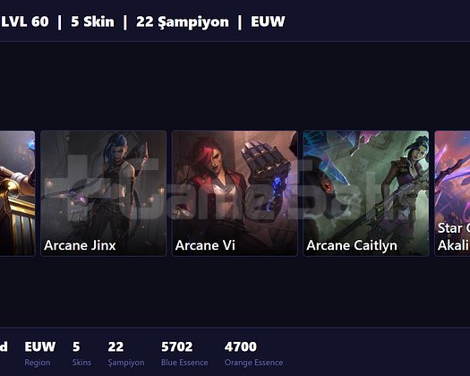 EUW / 60 LVL + 5 SKİN + FRESH + FRESH HAZIR !!