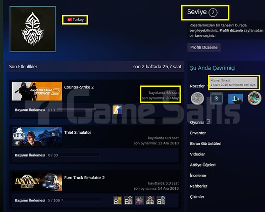 TR HESAP + 3 MADALYA+7LVL STEAM+ETS2 MAİNLİK HESAP