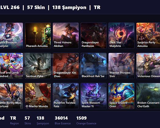 TR / 266 LVL + 57 SKİN + DEMIR MMR!!!