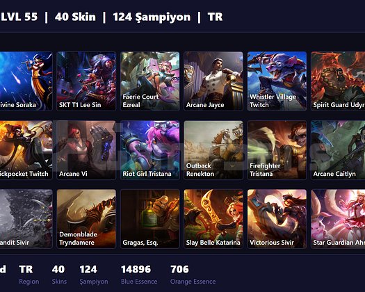 TR / 55 LVL + 40 SKİN + UNRANKED + RANK HAZIR