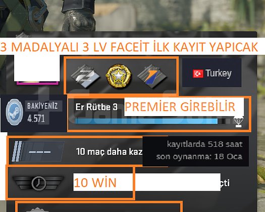3 MADALYALI 3 LV 45 TL BAKİYELİ FACEİT İLK KAYIT Y