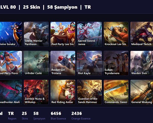 TR / 80 LVL + 25 SKİN + DEMİR MMR !!