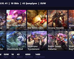 EUW / 41 LVL + 10 SKİN + GOLD 4 + MAİL ONAYSIZ !!