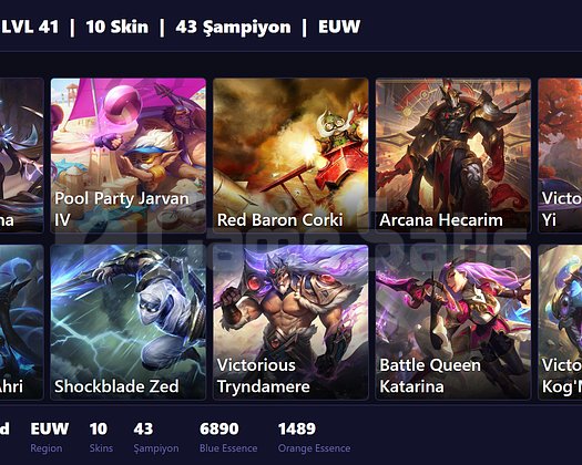 EUW / 41 LVL + 10 SKİN + GOLD 4 + MAİL ONAYSIZ !!