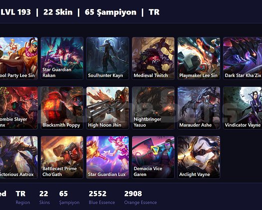 TR / 193 LVL + 22 SKİN + UNRANKED + 2020 ACC !!