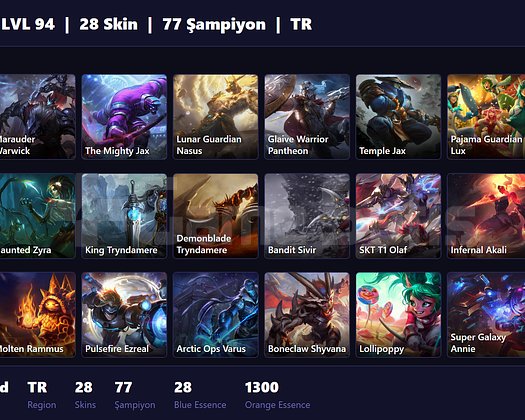 TR / 94 LVL + 28 SKİN + UNRANKED !!