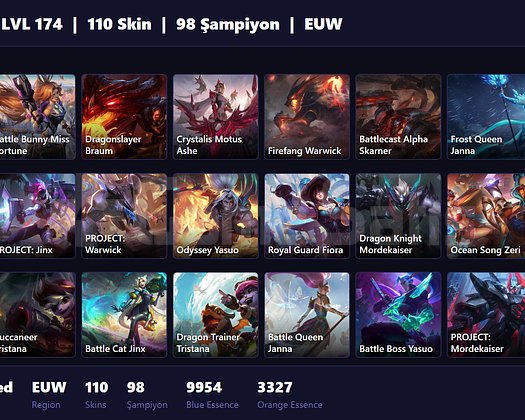 EUW / 174 LVL + 110 SKİN + UNRANKED !!
