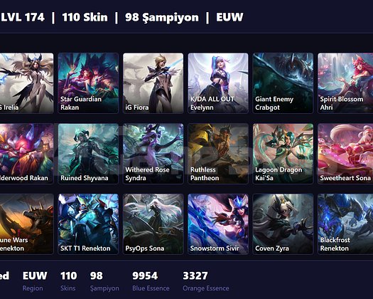 EUW / 174 LVL + 110 SKİN + UNRANKED !!