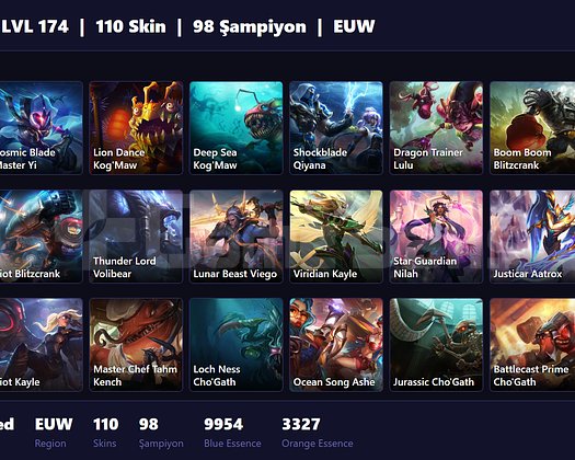 EUW / 174 LVL + 110 SKİN + UNRANKED !!