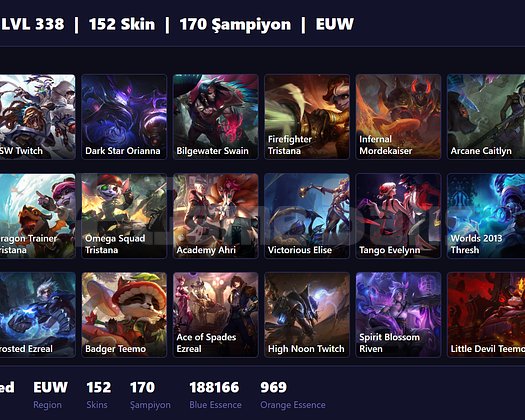 EUW / 338 LVL + 152 SKİN + UNRANKED !!