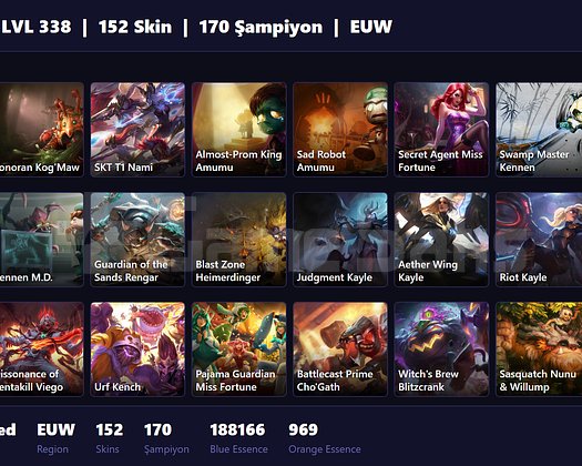 EUW / 338 LVL + 152 SKİN + UNRANKED !!