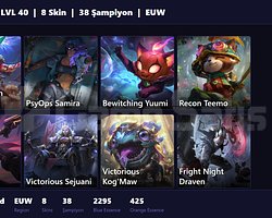 EUW / 40 LVL + 8 SKİN + ZÜMRÜT MMR !!