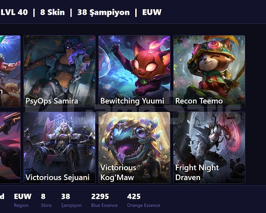 EUW / 40 LVL + 8 SKİN + ZÜMRÜT MMR !!