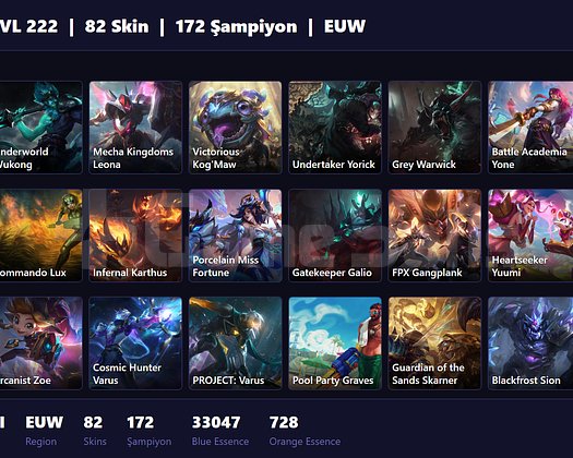 EUW / 222 LVL + 82 SKİN + GOLD III + MAİL ONAYSIZ