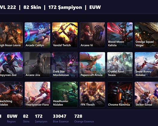 EUW / 222 LVL + 82 SKİN + GOLD III + MAİL ONAYSIZ