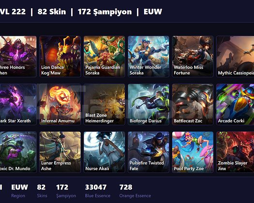 EUW / 222 LVL + 82 SKİN + GOLD III + MAİL ONAYSIZ