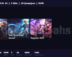 EUW / 34 LVL + 3 SKİN + FRESH + RANK HAZIR !