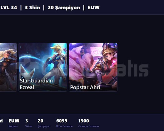 EUW / 34 LVL + 3 SKİN + FRESH + RANK HAZIR !