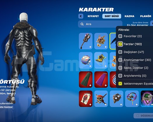 258 Skin | 183 Sırt Süsü | 142 Kazma | 80 Planör