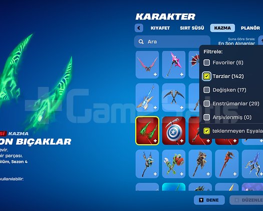 258 Skin | 183 Sırt Süsü | 142 Kazma | 80 Planör