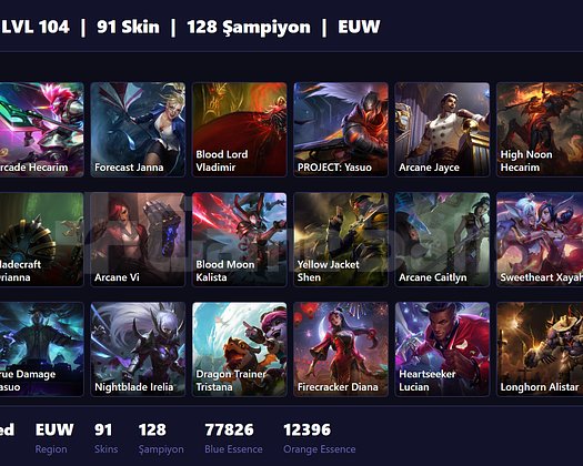 EUW / 104 LVL + 91 SKİN + UNRANKED !!