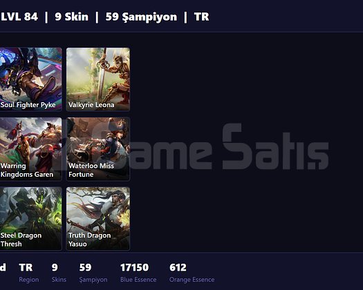 TR / 84 LVL + 9 SKİN + UNRANKED + MAİL ONAYSIZ !