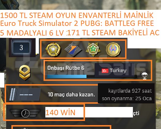 5 MADALYALI 6 LV 171 TL STEAM BAKİYE ETS 2 1500 TL