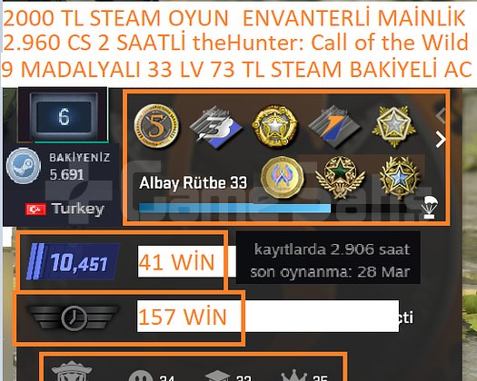 9 MADALYALI 33 LV 2.906 CS 2 SAATLİ 2000 TL STEAM