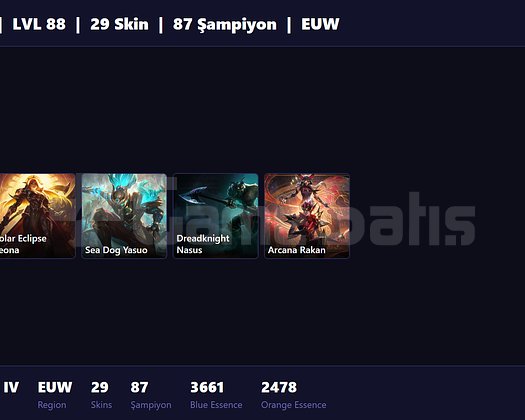 EUW / 88 LVL + 29 SKİN + BRONZE IV + MAİL ONAYSIZ