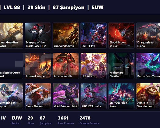 EUW / 88 LVL + 29 SKİN + BRONZE IV + MAİL ONAYSIZ