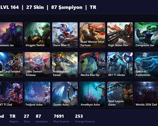 TR / 164 LVL + 27 SKİN + UNRANKED !!