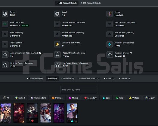 EUW EMERALD 4 76WR +30LP 6 KOSTÜM 17K MAVIOZ S11