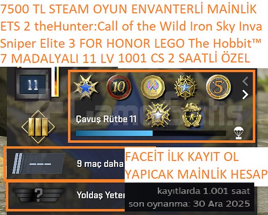 7 MADALYALI 11 LV+FACEİT Sniper Elite 3 FOR HONOR