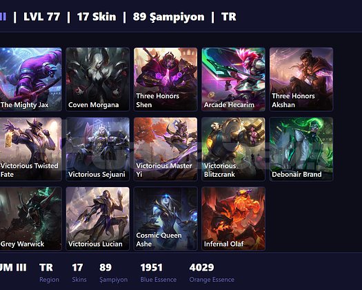 TR / 77 LVL + 17 SKİN + PLATINUM III !!