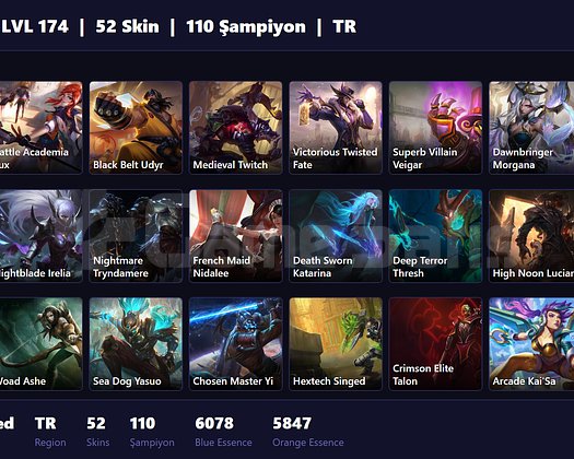 TR / 174 LVL + 52 SKİN + PLAT MMR !!!