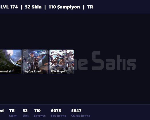 TR / 174 LVL + 52 SKİN + PLAT MMR !!!