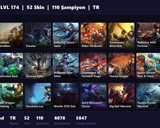 TR / 174 LVL + 52 SKİN + PLAT MMR !!!