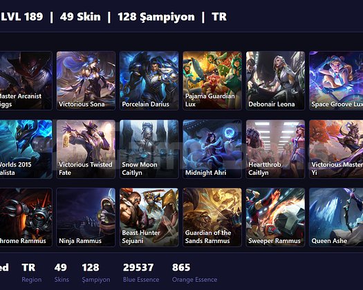 TR / 189 LVL + 49 SKİN + PLAT MMR!!