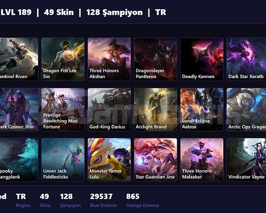 TR / 189 LVL + 49 SKİN + PLAT MMR!!