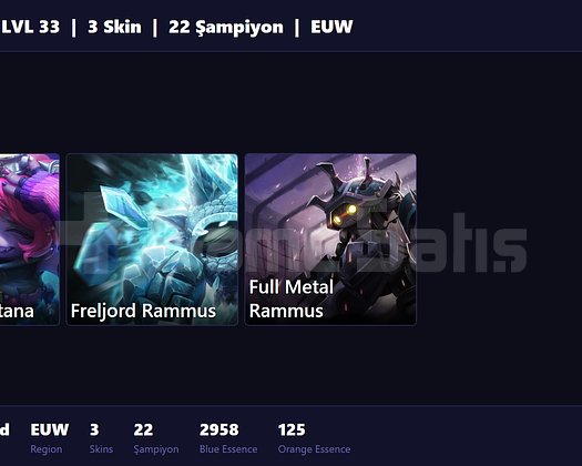 EUW / 33 LVL + 3 SKİN + UNRANKED !!