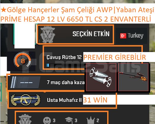 PRİME HESAP 12 LV Gölge Hançerler Şam Çeliği AWP Y