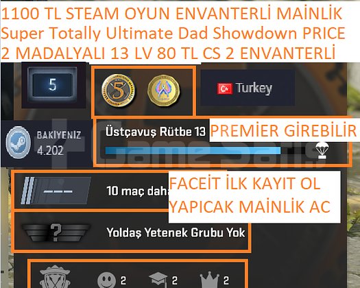 2 MADALYALI 13 LV 80 TL CS 2 ENVANTERLİ FACEİT İLK