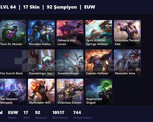 EUW / 64 LVL + 17 SKİN + BRONZ MMR !!