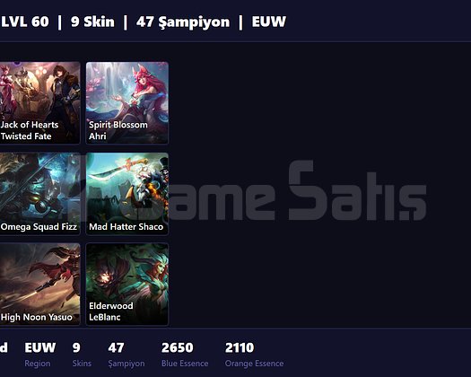 EUW / 60 LVL + 9 SKİN + UNRANKED !!
