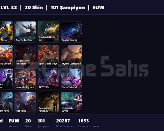 EUW / 32 LVL + 20 SKİN + UNRANKED !!
