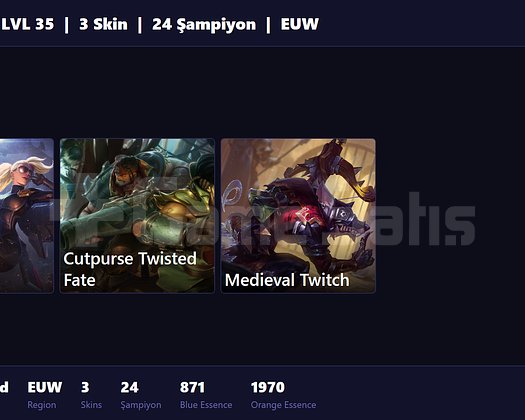 EUW / 35 LVL + 3 SKİN + UNRANKED !!